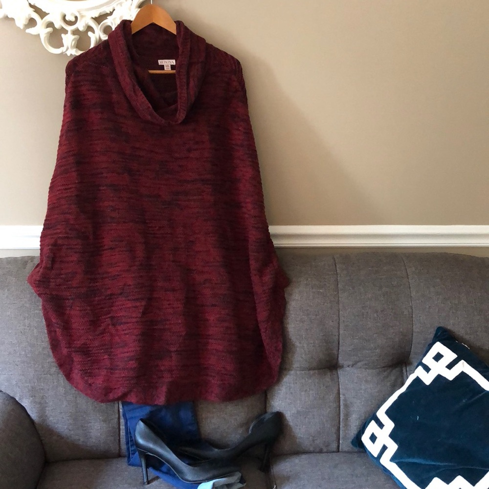 Maroon and black poncho sweater